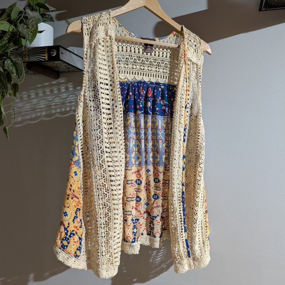 Multiples | Boho Cottagecore Crochet Lace Open Vest |  Small